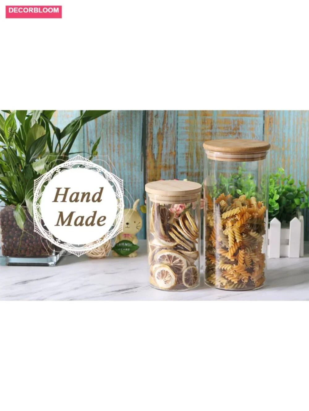 Set of 2 Borosilicate Glass Food Storage Jars with Wooden Lids, 48oz Airtight